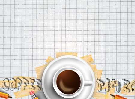 Infograph background template with a fresh coffee on table with infographic design elements and mockups and hand drawn sketches of technology items.のイラスト素材