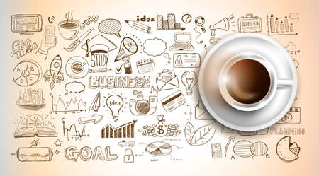 Infograph background template with a fresh coffee on table with infographic design elements and mockups and hand drawn sketches of technology items.のイラスト素材