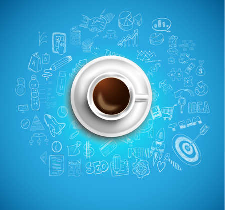 Infograph background template with a fresh coffee on table with infographic design elements and mockups and hand drawn sketches of technology items.のイラスト素材