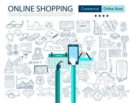 E-commerce cart optimization concept with business doodle design style.のイラスト素材