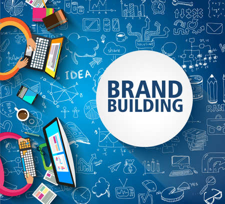 Brand Building concept with Business Doodle design style: company image study, skill testing,best solutions. Modern style illustration for web banners, brochure and flyers.のイラスト素材