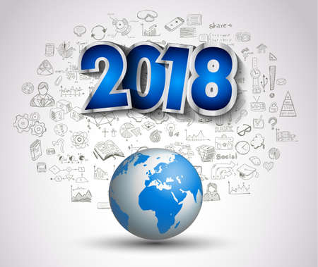 2018 New Year infographic and business plan background with hand drawn sketch graphics.