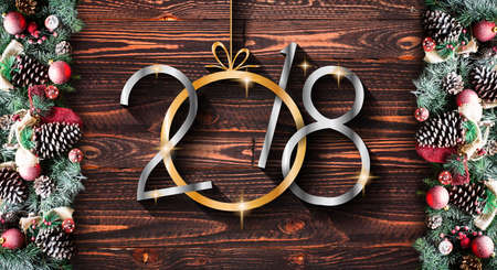 2018 Happy New Year and  Merry Christmas Frame with Snow and real wood green pine