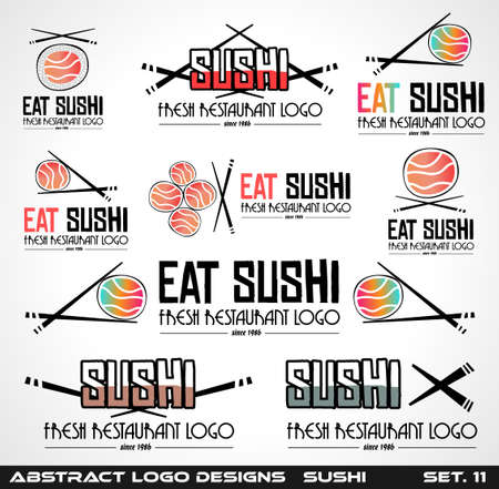 Collection of Sushi Restaurant flat style logo designs for food company brand design or flyersのイラスト素材