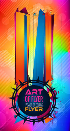 Abstract Geometric colorful background with high saturated gradients and different geometrical shape with frame template. Cover or Flyer layout with free space for text.のイラスト素材