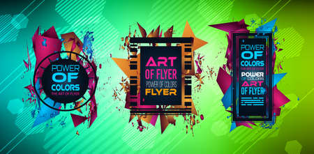 Abstract Geometric colorful background with high saturated gradients and different geometrical shape with frame template. Cover or Flyer layout with free space for text.のイラスト素材