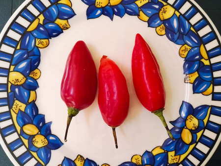 Three red jalapeno peppers, red hot chilli pepper, on shinny white, blue and yellow ceramic plate....