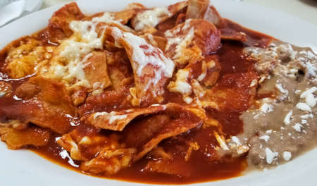 Delicious chilaquiles, typical Mexican food with beans, cheese and hot tomato sauce over traditional tortilla.の写真素材