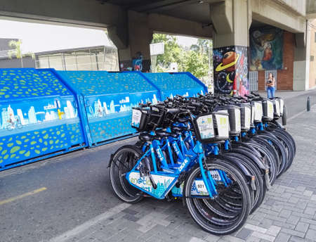 Encicla, urban public bicycles of Medellin, Colombia. Metro, bus and bicycle system. Sustainable, environmentally green and ecological mobility with reduction of air pollution.のeditorial素材