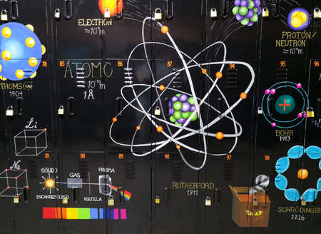 Mural with chemistry illustrations and paintings. Atomic models, electromagnetic spectrum, parts of an atom (protons, neutrons and electrons).のeditorial素材