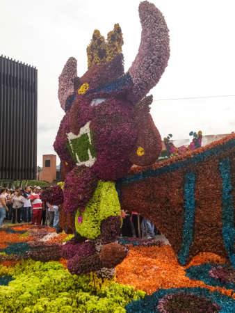 Silleta or sculpture of flowers in an event of the Flower Fair in Medellin, Colombia. Traditional,...