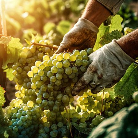 Vineyard farmer holds harvested wine in hands, AI generatedの素材
