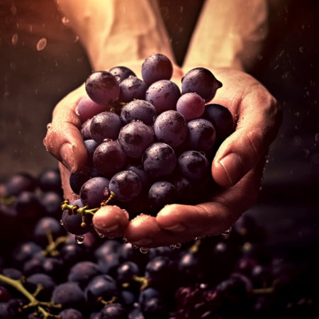 Vineyard farmer holds harvested wine in hands, AI generatedの素材
