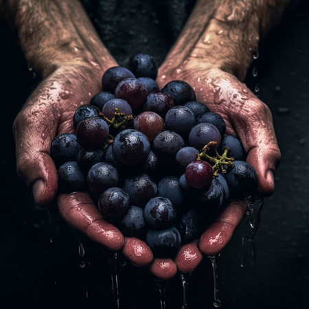 Vineyard farmer holds harvested wine in hands, AI generatedの素材