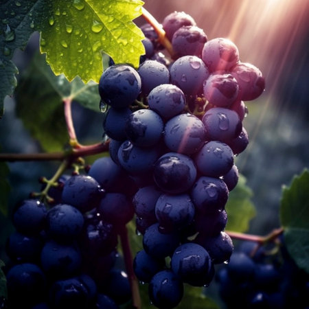 ripe grapes hanging from a vine , AI generatedの素材