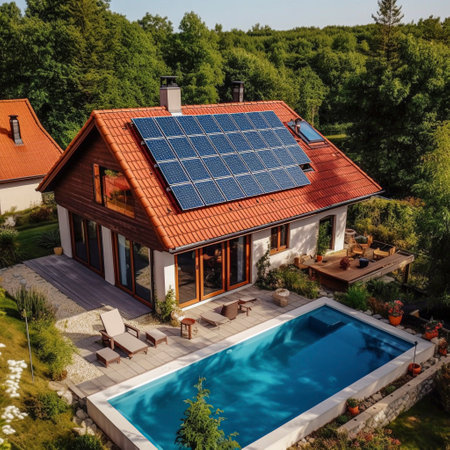 Photovoltaic system, solar power system on a house, Ai generatedの素材