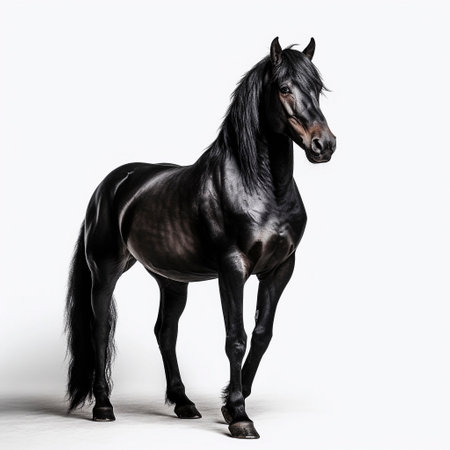 black horse (Equidae), against white background, AI generatedの素材