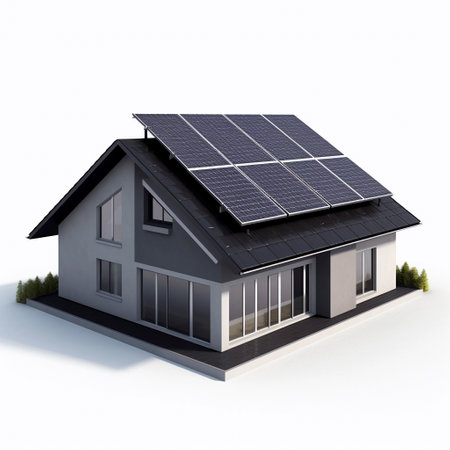 Photovoltaic system, solar power system on a house, white background Ai generatedの素材