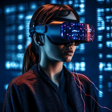 woman with data glasses for artificial intelligence stands in front of a data stream, AI generatedの素材
