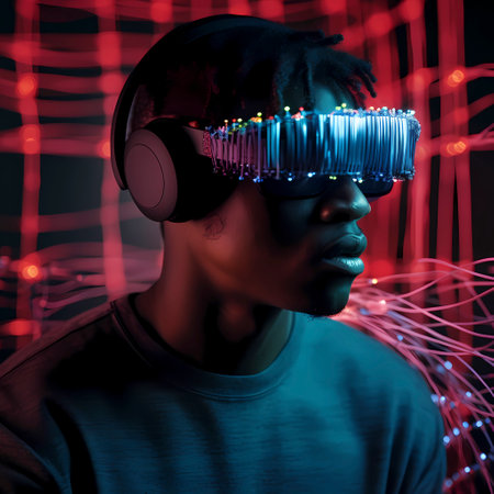 man with data glasses for artificial intelligence stands in front of a data stream, AI generatedの素材