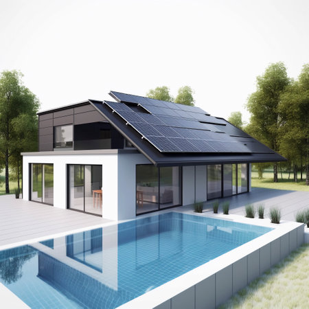 Photovoltaic system, solar power system on a house, white background Ai generatedの素材