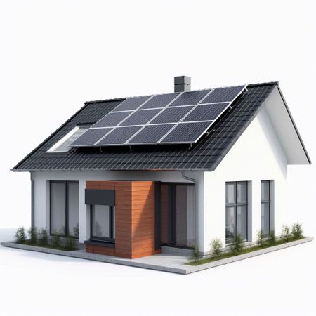 Photovoltaic system, solar power system on a house, white background Ai generatedの素材