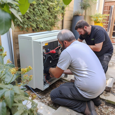 Craftsmen install a modern heat pump in a house, AI generatedの素材