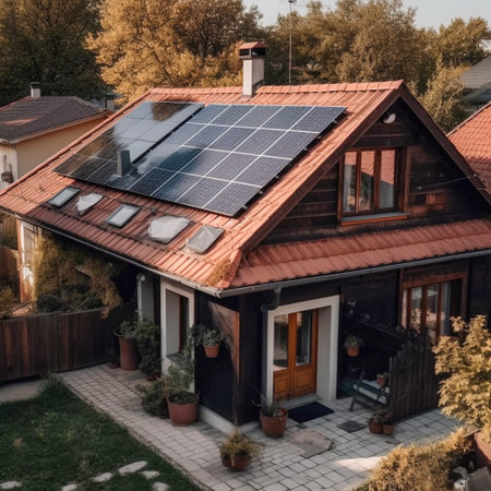 Photovoltaic system, solar power system on a house, Ai generatedの素材