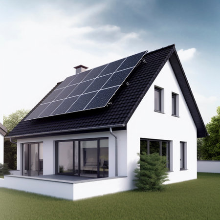 Photovoltaic system, solar power system on a house, white background Ai generatedの素材