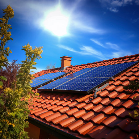Photovoltaic system, solar power system on a house, Ai generatedの素材