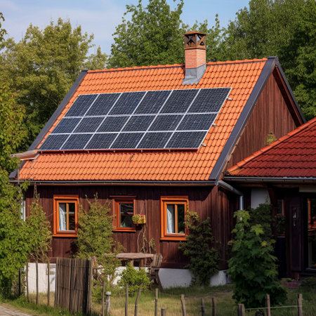 Photovoltaic system, solar power system on a house, Ai generatedの素材