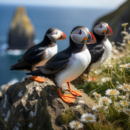 Puffin (Fratercula arctica) stands on a steep rock on the coast, ai generatedの素材