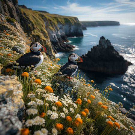 Puffin (Fratercula arctica) stands on a steep rock on the coast, ai generatedの素材
