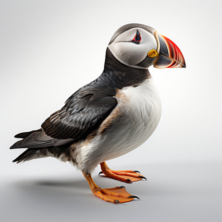 Puffin (Fratercula arctica) stands on a steep rock on the coast, ai generatedの素材