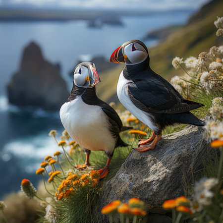 Puffin (Fratercula arctica) stands on a steep rock on the coast, ai generatedの素材