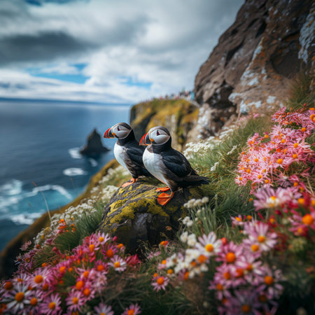 Puffin (Fratercula arctica) stands on a steep rock on the coast, ai generatedの素材