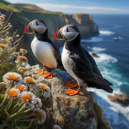Puffin (Fratercula arctica) stands on a steep rock on the coast, ai generatedの素材