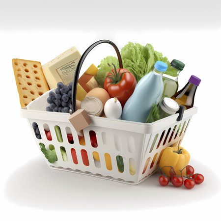 Shopping bag - Shopping cart for groceries from which the groceries swell against a white backgroundの素材