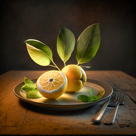 Still life with lemons and leaves on a wooden table. Toned.の素材