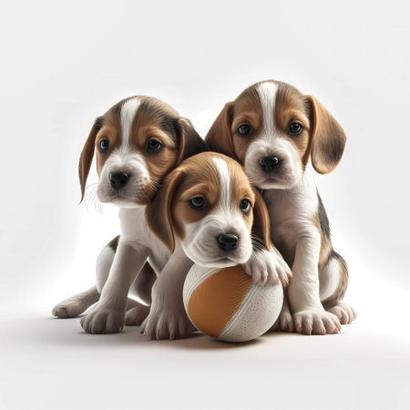group of beagle puppies with a soccer ball isolated on a white backgroundの素材