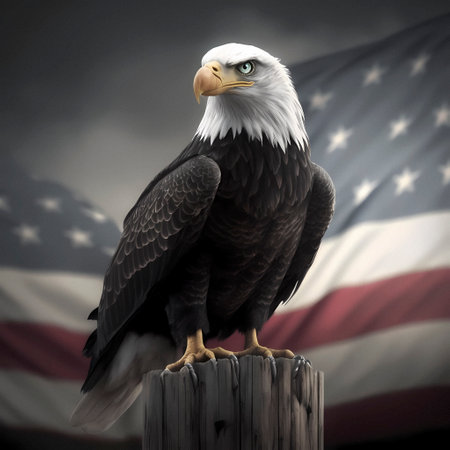 Bald Eagle sitting on a wooden post against the background of the American flagの素材