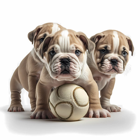 Three puppies of english bulldog with a ball, isolated on white backgroundの素材