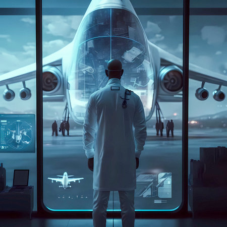 3d rendering of a male doctor standing in front of an airplaneの素材