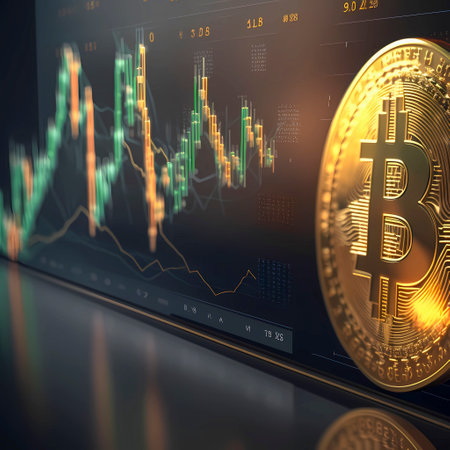golden bitcoin on the computer monitor with stock market chart. 3d renderingの素材