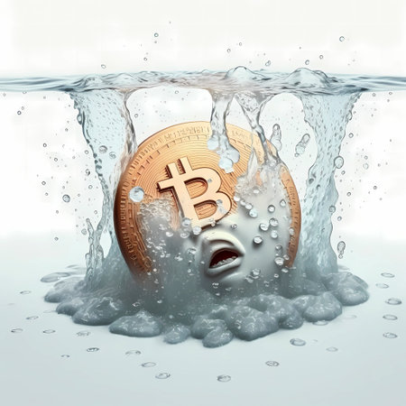Digital currency physical metal bitcoin coin falling into water. Conceptual image for internet currency.の素材