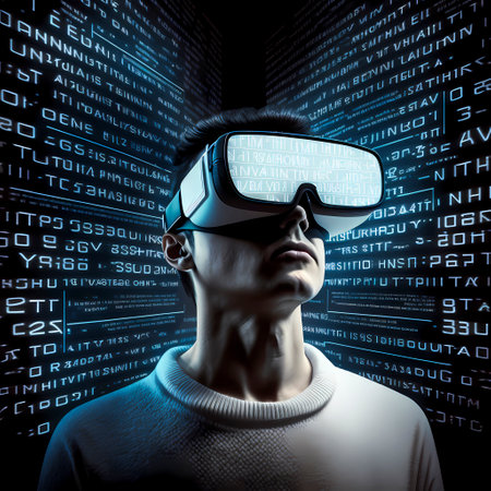 man with data glasses for artificial intelligence stands in front of a data stream, AI generatedの素材