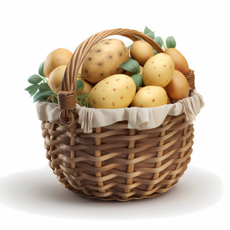 a bast basket with potatoes, white background, AI generatedの素材