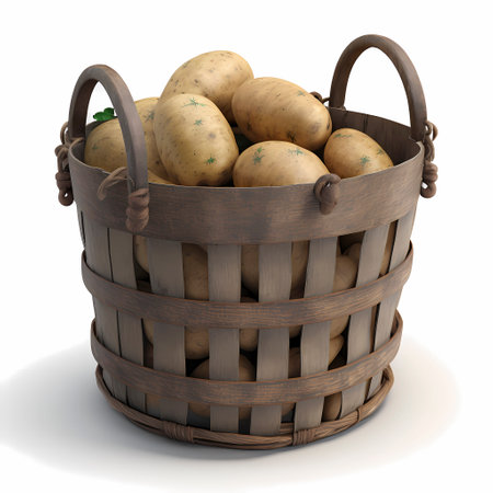 a bast basket with potatoes, white background, AI generatedの素材