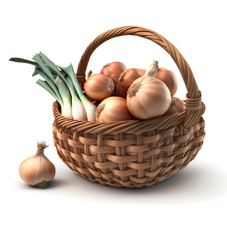 a bast basket with onions, white background, AI generatedの素材