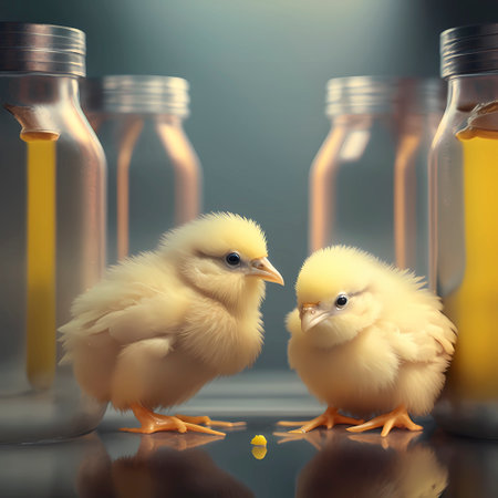 Science, laboratory experiments with chickens and chicks (Gallus gallus domesticus), white background, ai generatedの素材